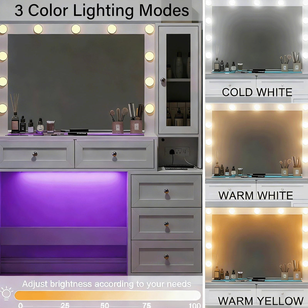 White Vanity Desk with LED Lights Mirror and 5 Storage Drawers R2233