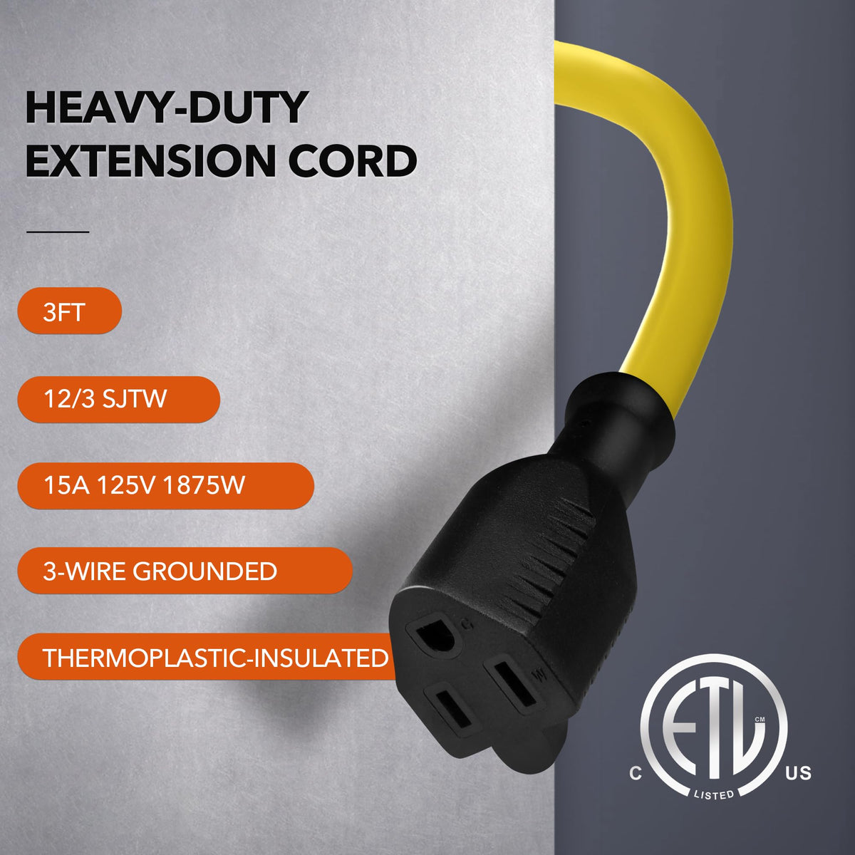 3ft 12/3 SJTW Heavy Duty Outdoor Extension Cord B487