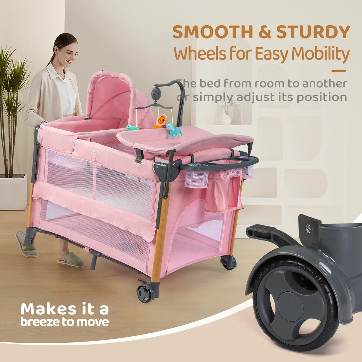 7 in 1 Pink Bedside Bassinet with Changing Table Z149