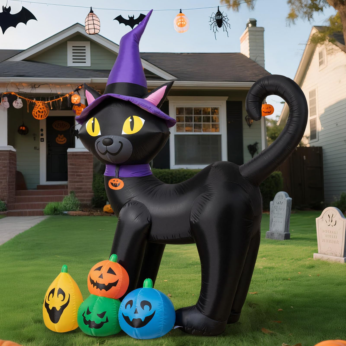 6FT Inflatable Black Cat with Witch Hat and 4 Pumpkins W3297
