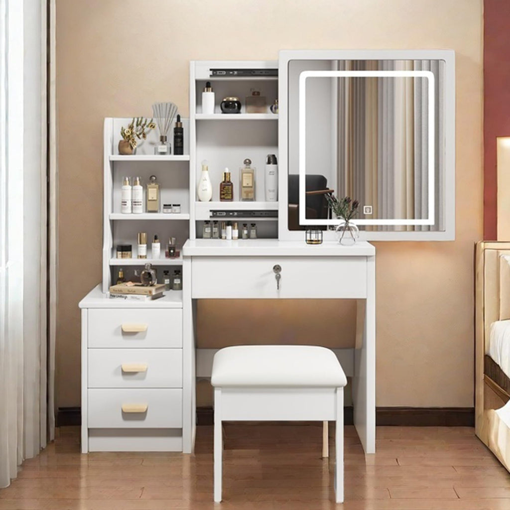 White 4 Drawer Vanity Desk Set with Mirror Q4932