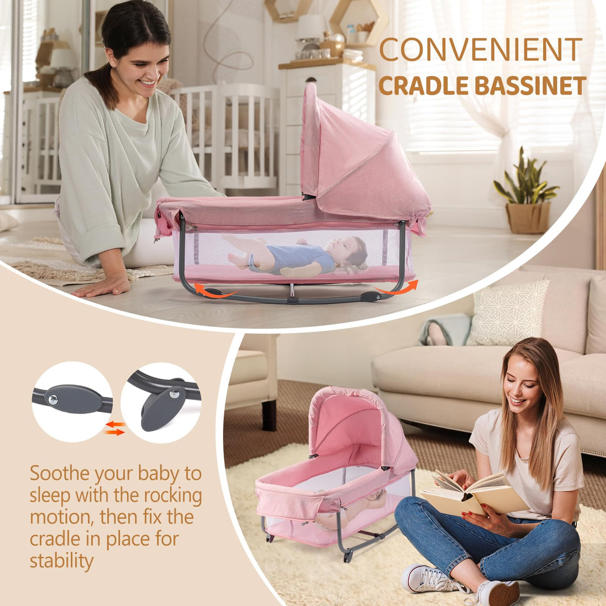 7 in 1 Pink Bedside Bassinet with Changing Table Z149