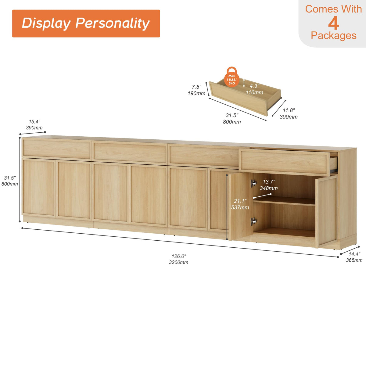 Oak TV Stand with 8 Doors and Drawers J2329