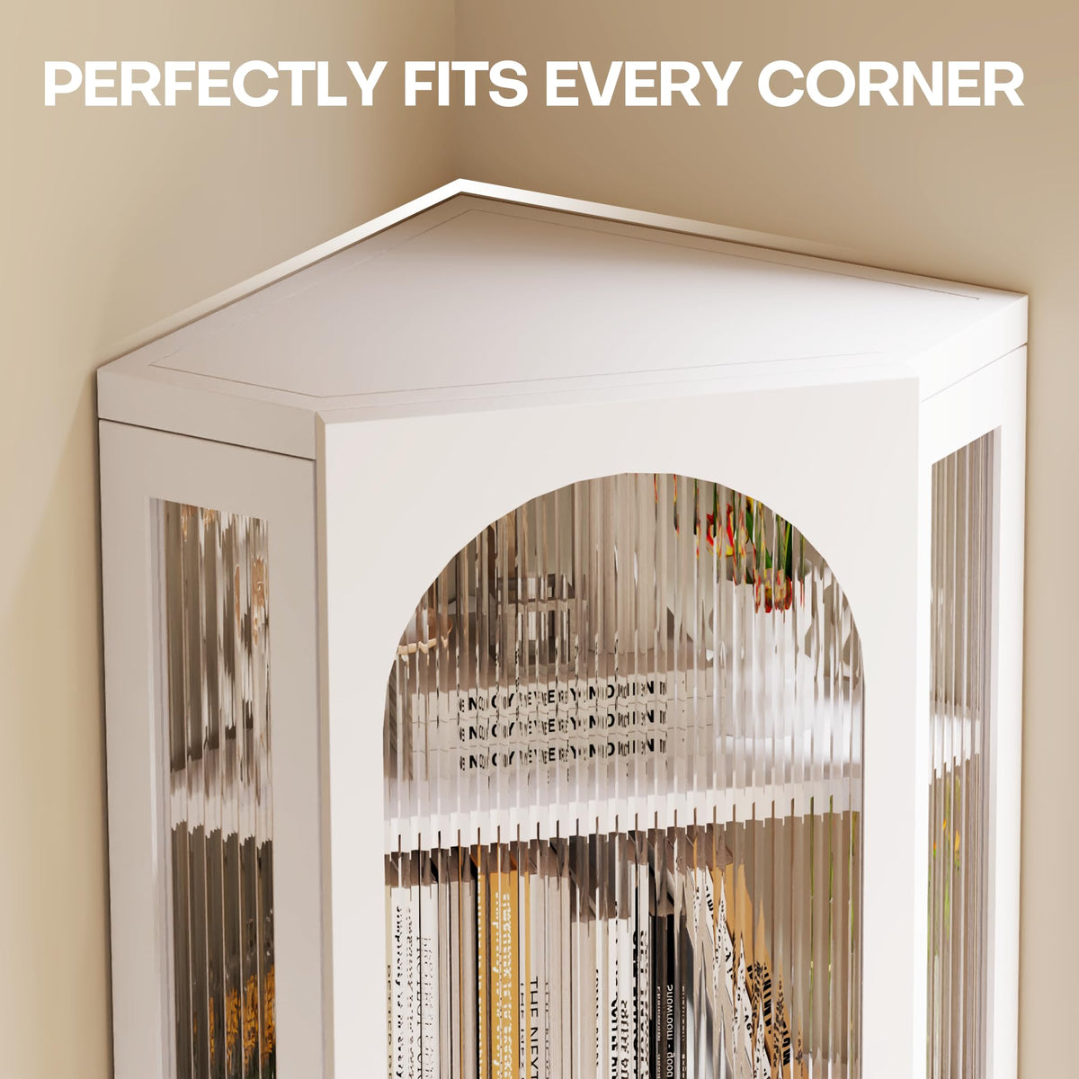 White Metal Corner Wall Cabinet with Glass Doors and Shelves U780491