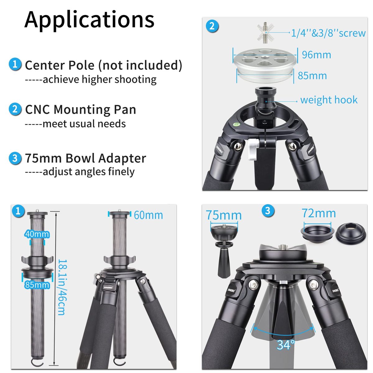 Carbon Fiber Heavy Duty Tripod with 75mm Bowl Adapter 63 inch Black E688581