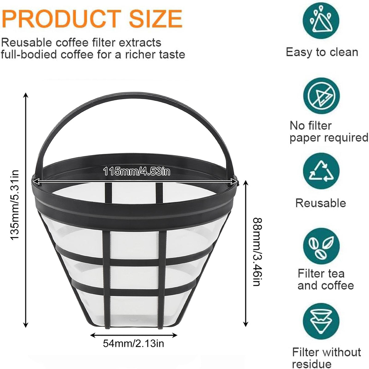 Reusable Cone Coffee Filters 8-12 Cup with Spoon and Brush G365076