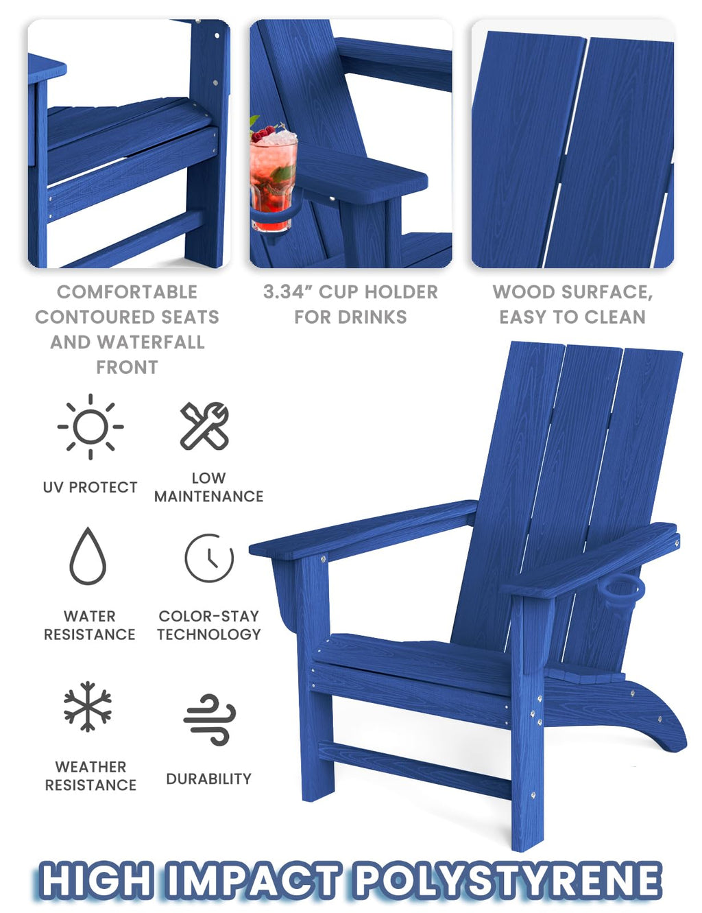 Adirondack Chair with Cup Holder, HDPE Plastic Patio Chairs K543