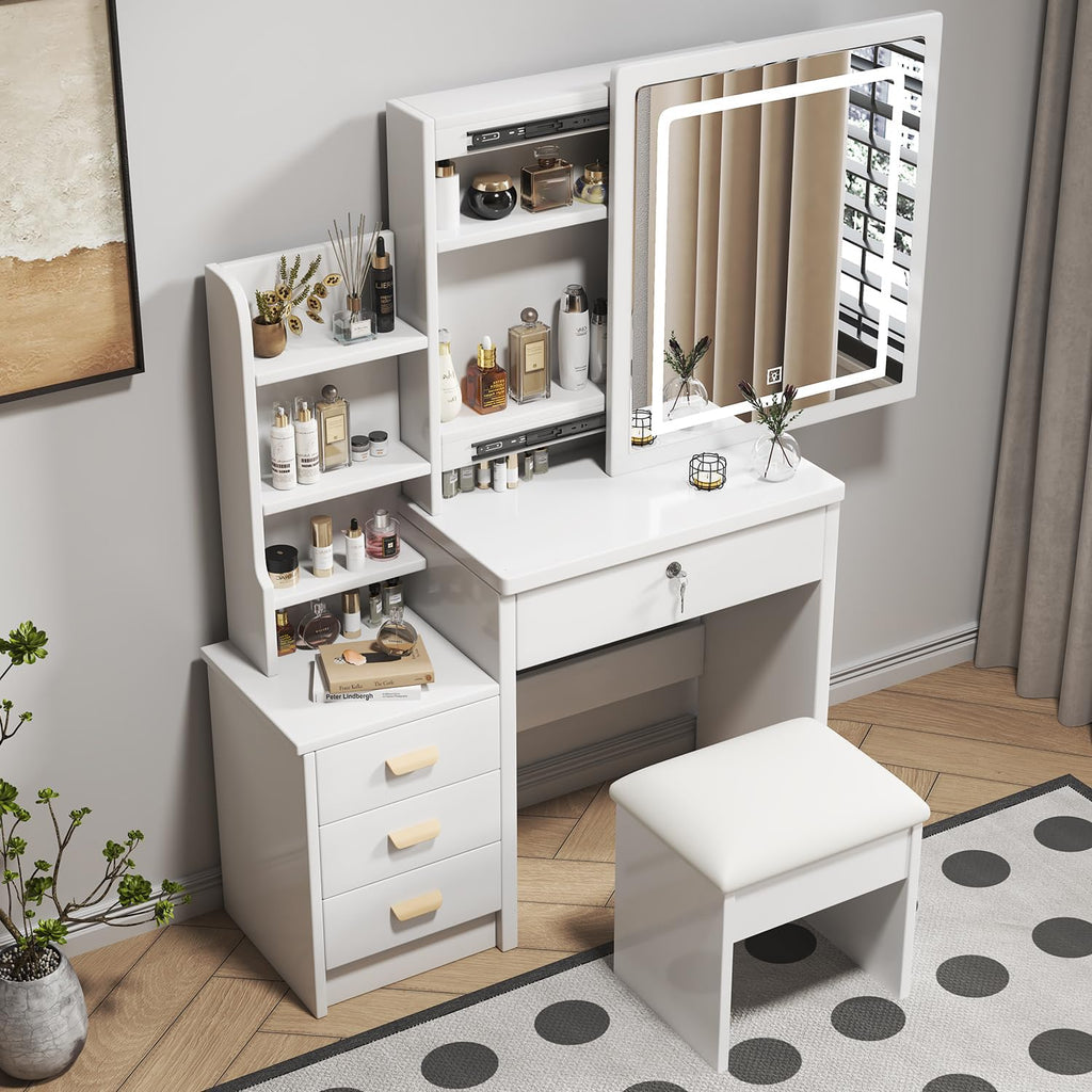 White 4 Drawer Vanity Desk Set with Mirror Q4932