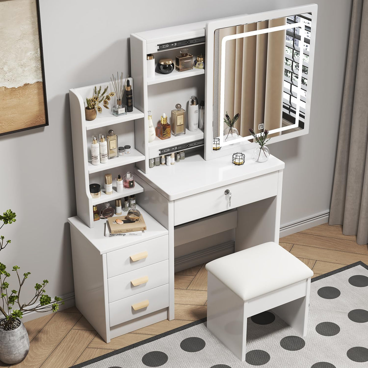 White 4 Drawer Vanity Desk Set with Mirror Q4932