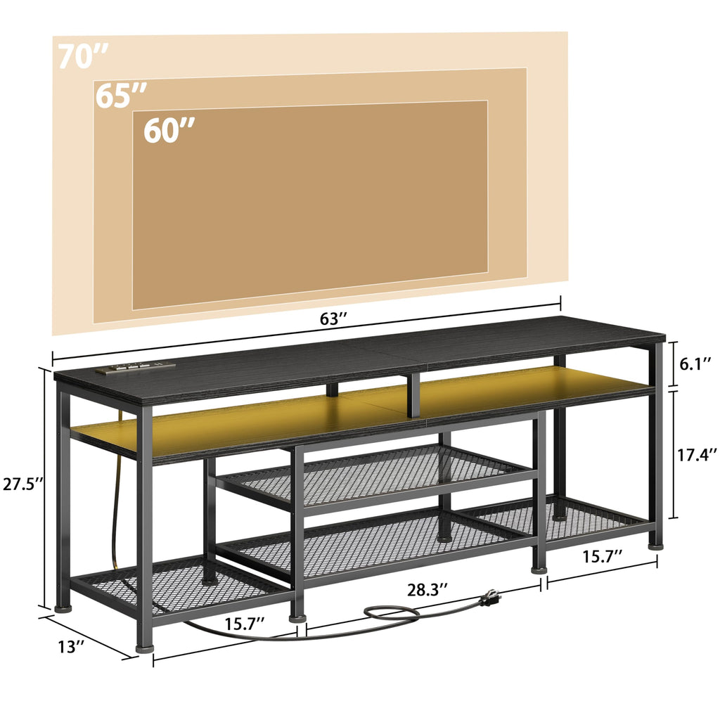 63 Inch TV Stand with Power Outlets & LED Lights, Black W252516