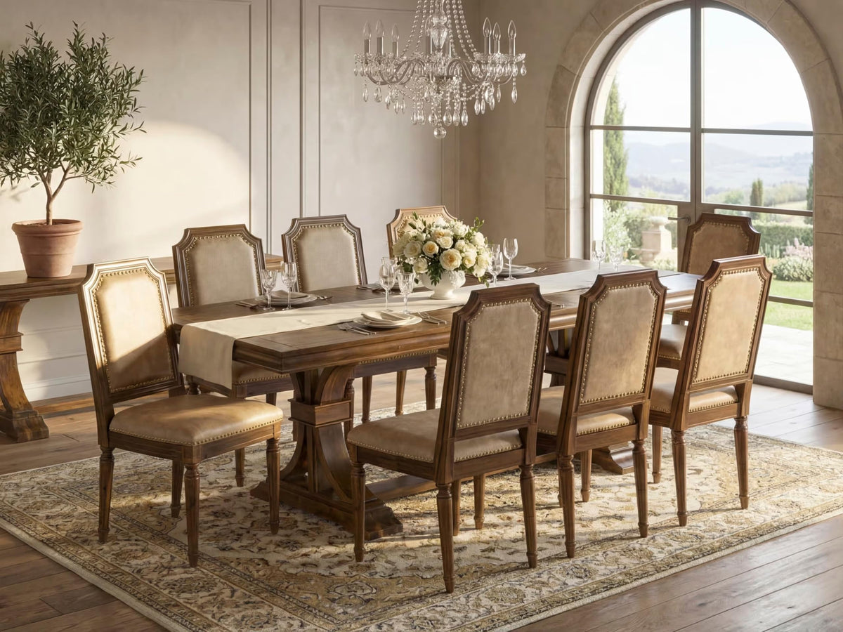 9 Piece Dining Table Set with 8 Beige Polyester Fabric Chairs T193