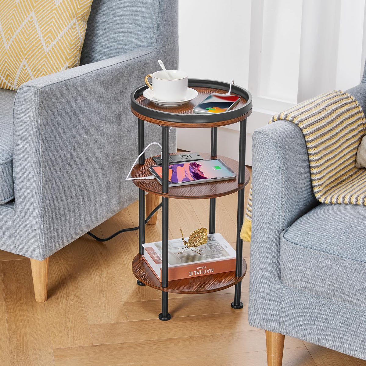 Small Round 3-Tier Side Table with Charging Station K69444