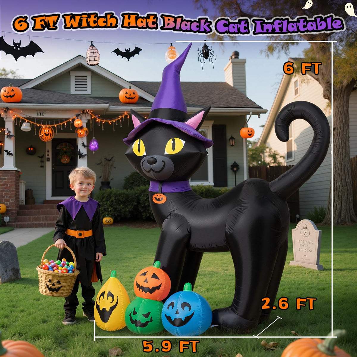 6FT Inflatable Black Cat with Witch Hat and 4 Pumpkins W3297