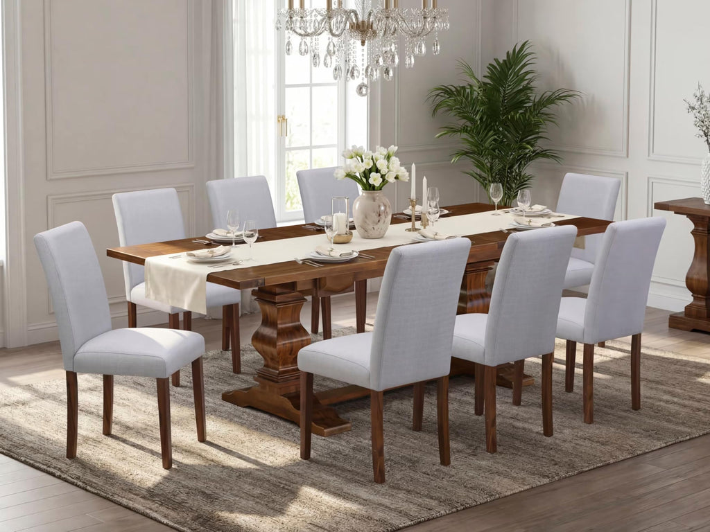 9 Piece Walnut Dining Table Set with 8 Grey Linen Chairs R79946