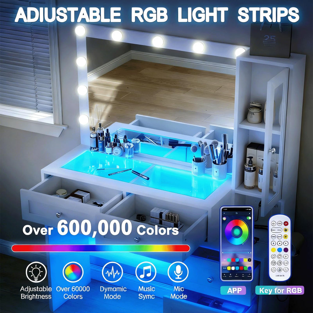 White Vanity Desk with LED Lights Mirror and 5 Storage Drawers R2233