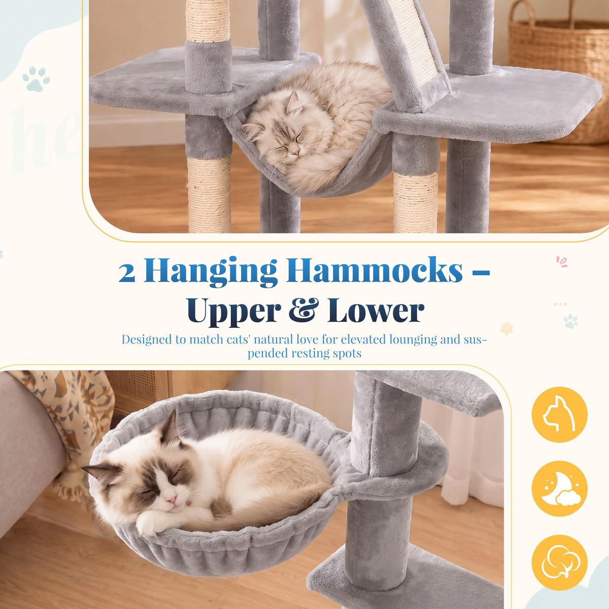 Cat Tree Tower with Padded Platform Bed, Hammock H3324