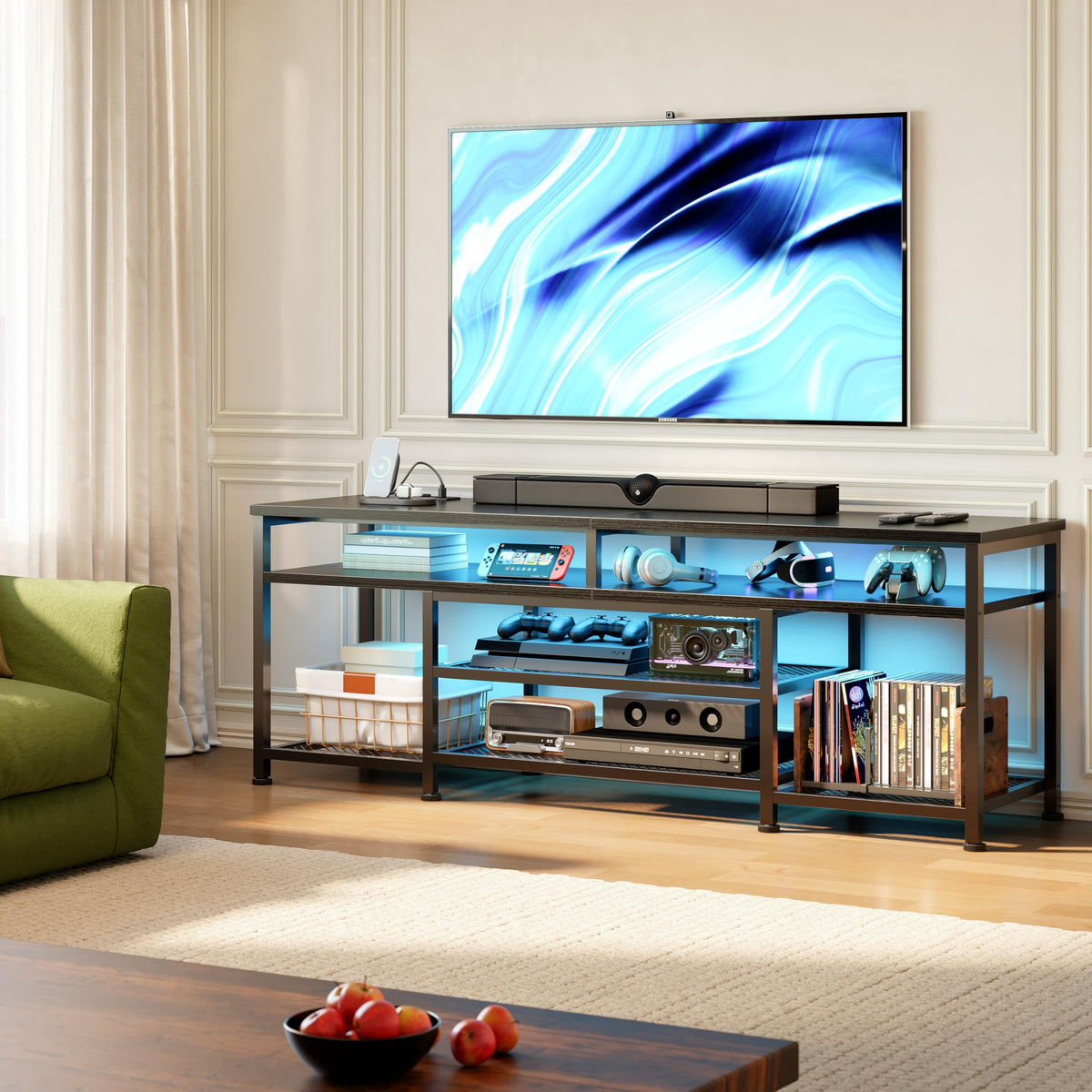 63 Inch TV Stand with Power Outlets & LED Lights, Black W252516