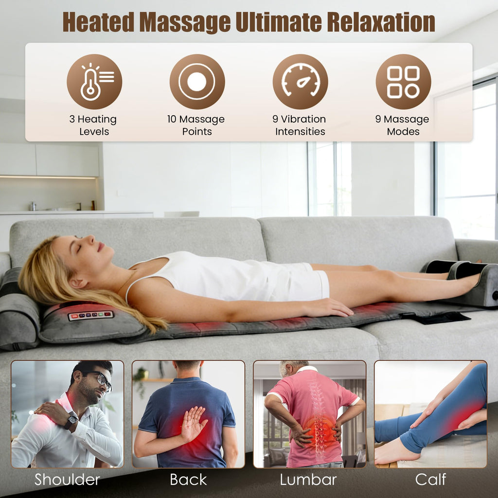 Full Body Massage Mat with Heat, 10 Vibrating Nodes, 9 Modes, 3 Heating Levels, Detachable Neck Foot Massager K1368