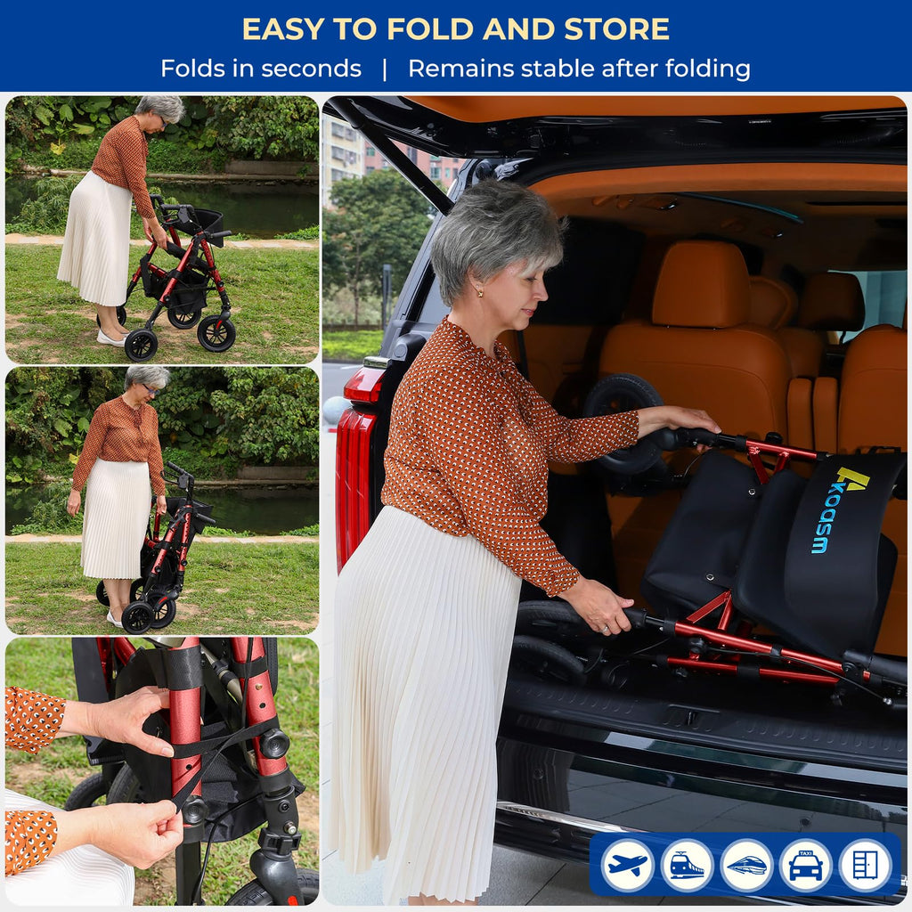 Foldable Rollator Walker with Seat, 2 in 1 Wheelchair Combo, Red T4694