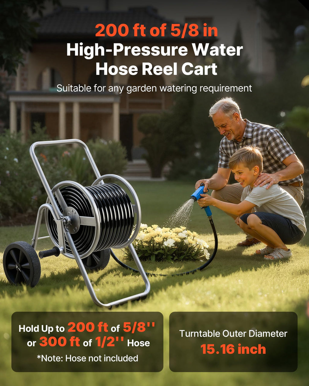 200/300 ft Garden Hose Reel Cart with Two Wheels V249687