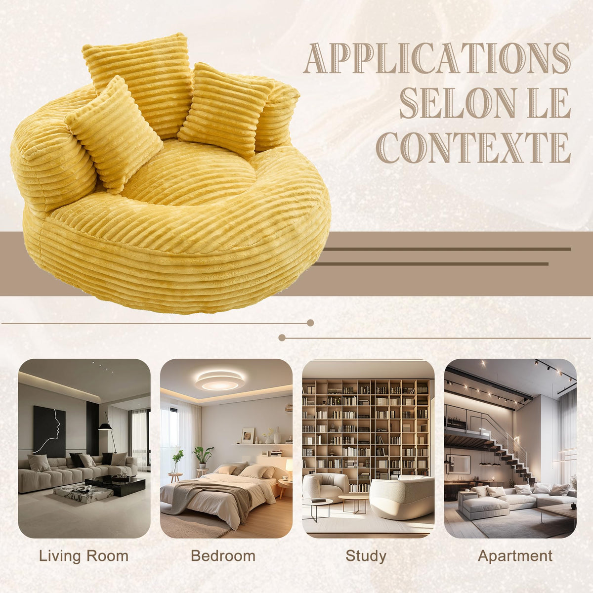 43" Mustard Yellow Corduroy Beanbag Sofa with Memory Foam L3531