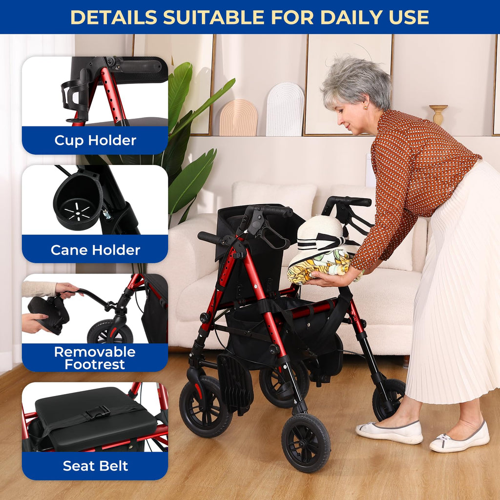 Foldable Rollator Walker with Seat, 2 in 1 Wheelchair Combo, Red T4694