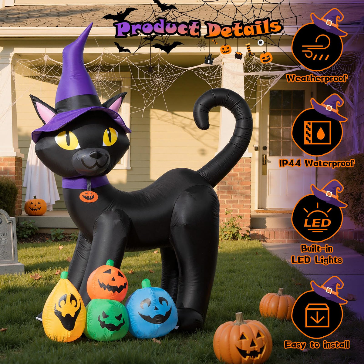 6FT Inflatable Black Cat with Witch Hat and 4 Pumpkins W3297