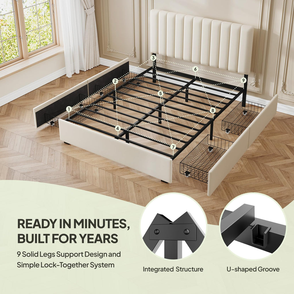 White Full Size Upholstered Bed Frame with Headboard & 4 Drawers J904