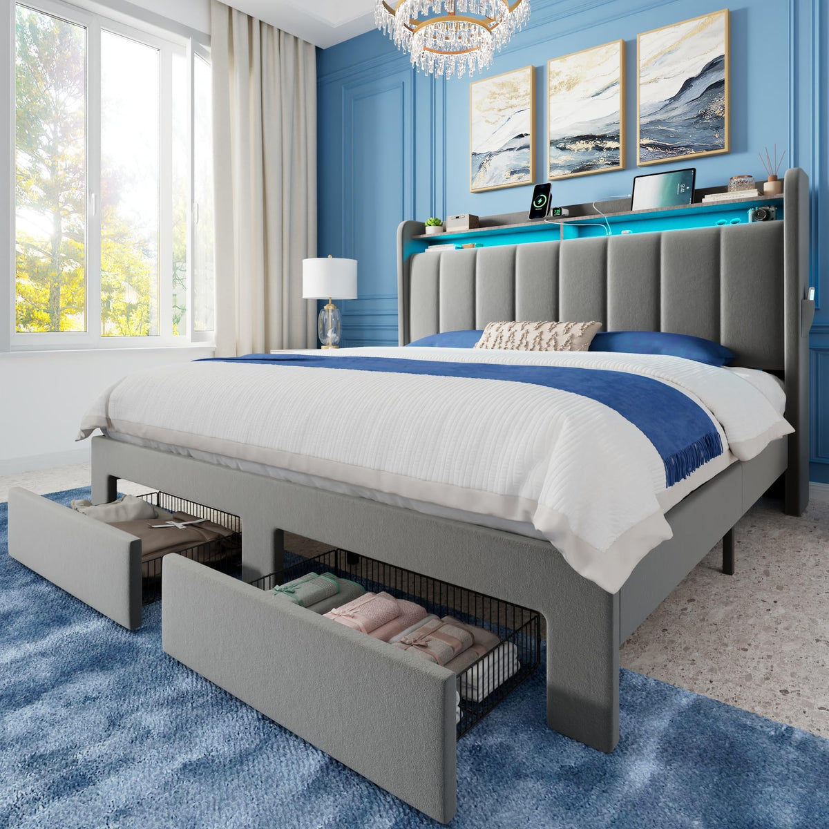 Full Size Bed Frame with Storage Headboard and Drawers I2400