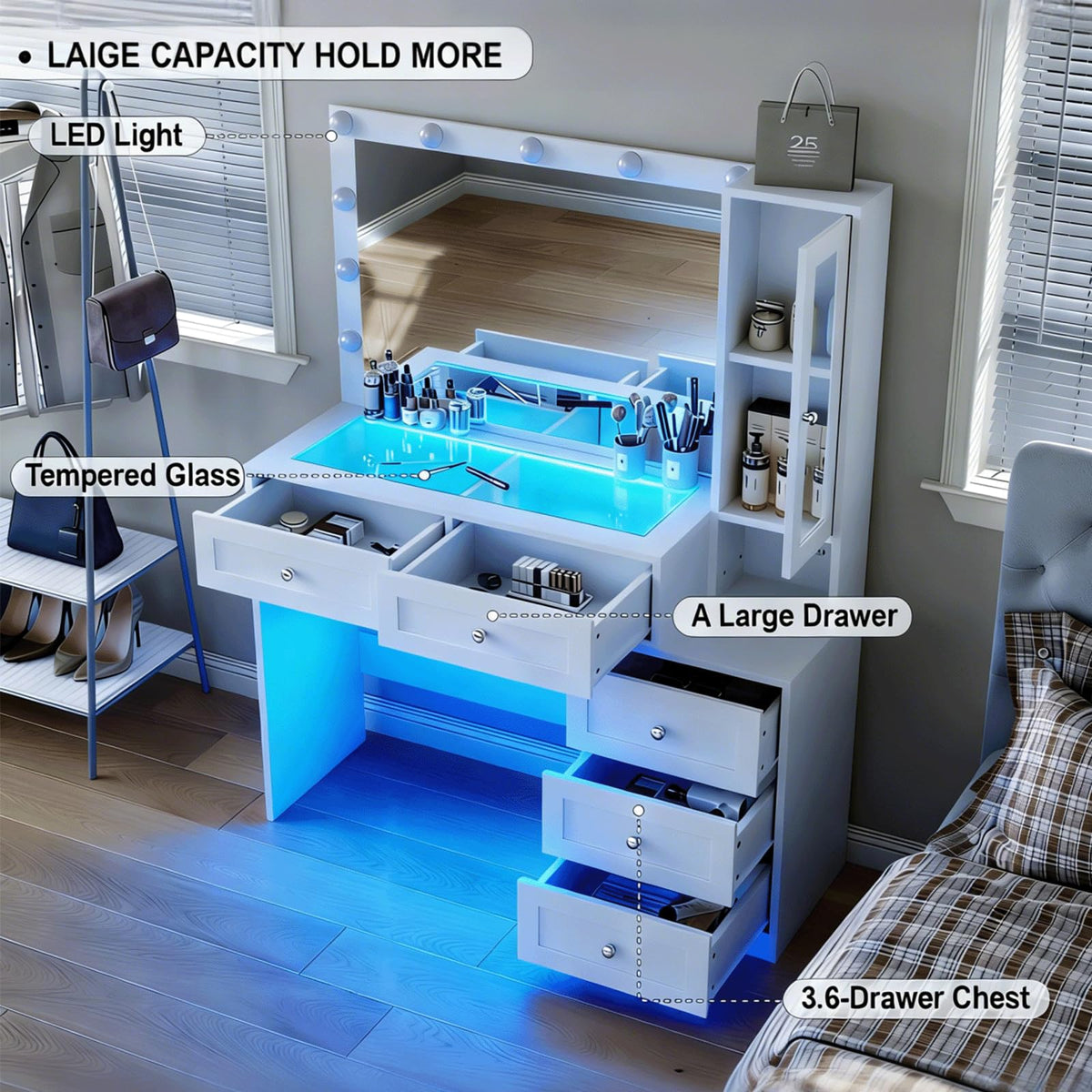 White Vanity Desk with LED Lights Mirror and 5 Storage Drawers R2233
