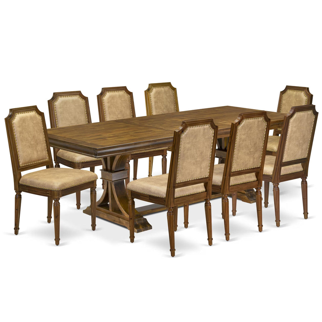9 Piece Dining Table Set with 8 Beige Polyester Fabric Chairs T193