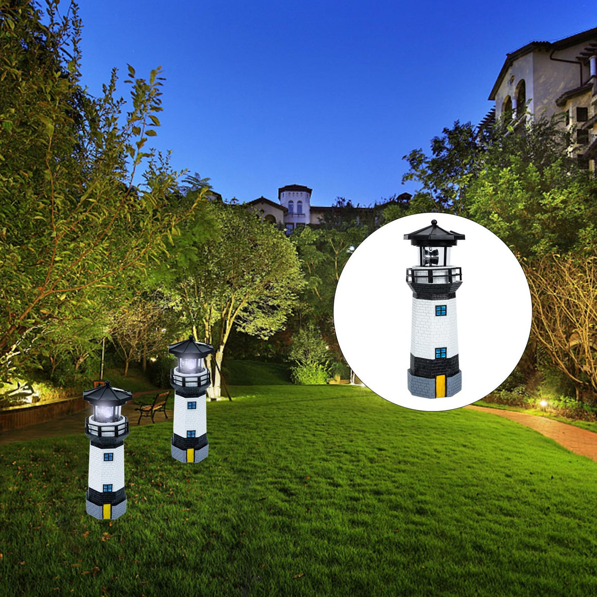 Solar Powered Resin Lighthouse Garden Light Black White X6486