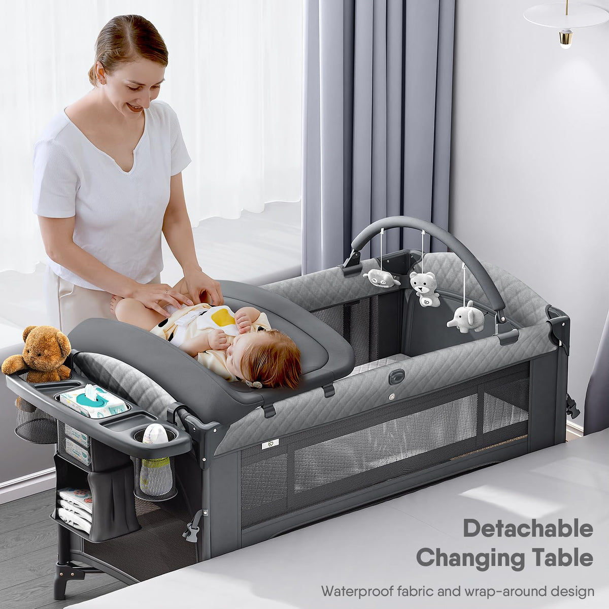 Baby Bassinet, Pack n Play, Bedside Crib Sleeper, Diaper Changer V15413