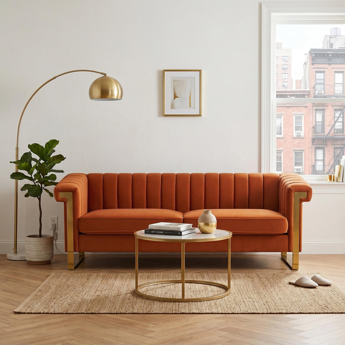Orange Velvet 3-Seater Sofa Y994317