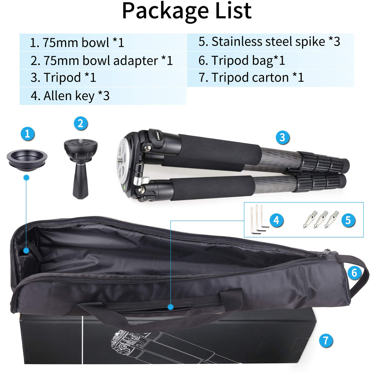 Carbon Fiber Heavy Duty Tripod with 75mm Bowl Adapter 63 inch Black E688581