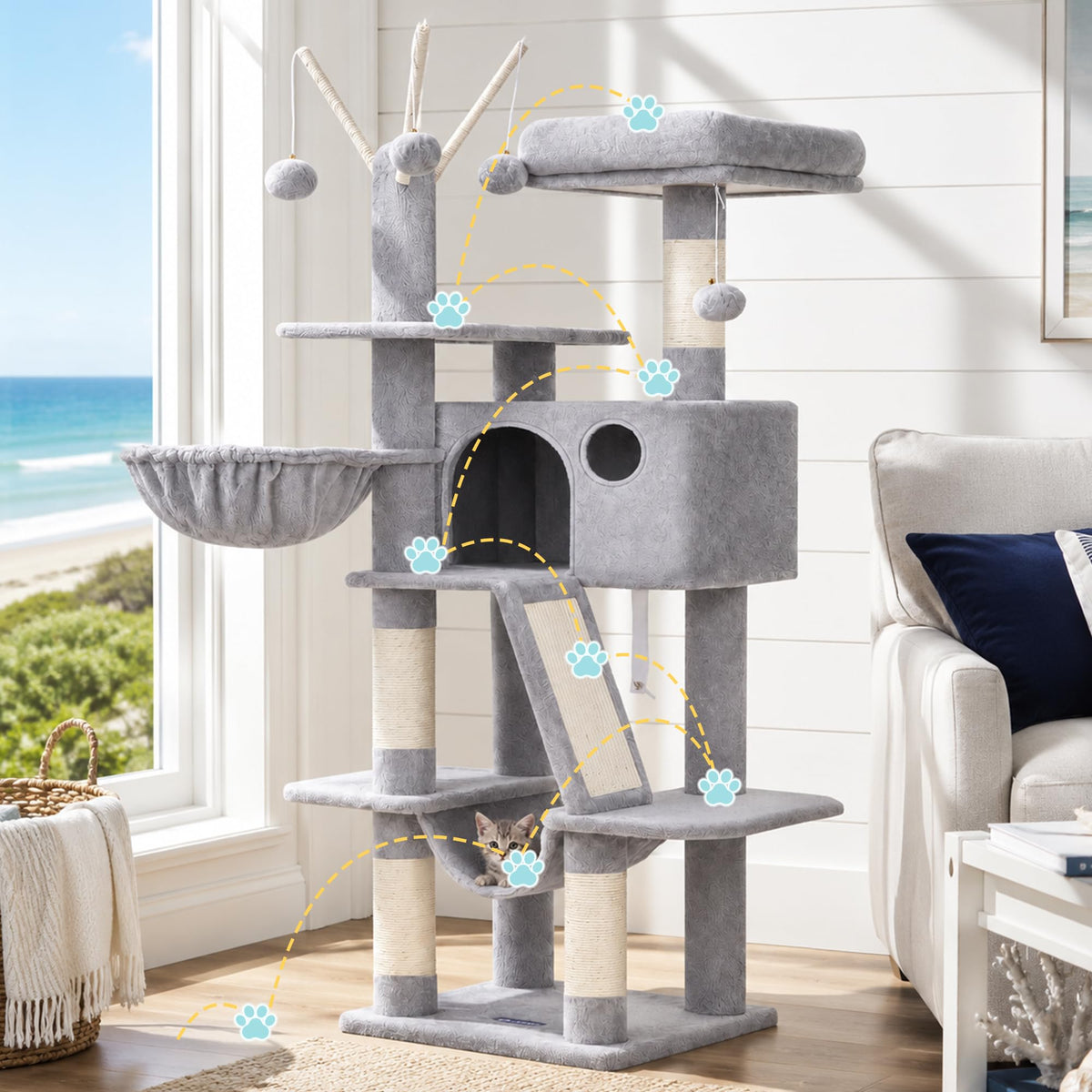 Cat Tree Tower with Padded Platform Bed, Hammock H3324