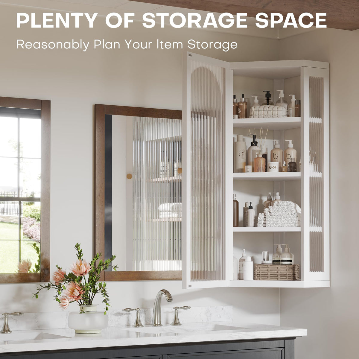 White Metal Corner Wall Cabinet with Glass Doors and Shelves U780491
