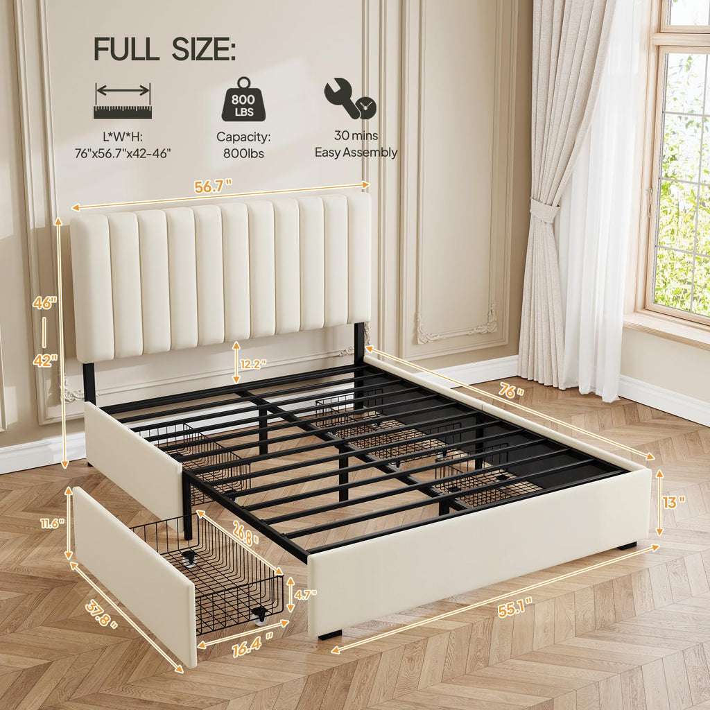 White Full Size Upholstered Bed Frame with Headboard & 4 Drawers J904