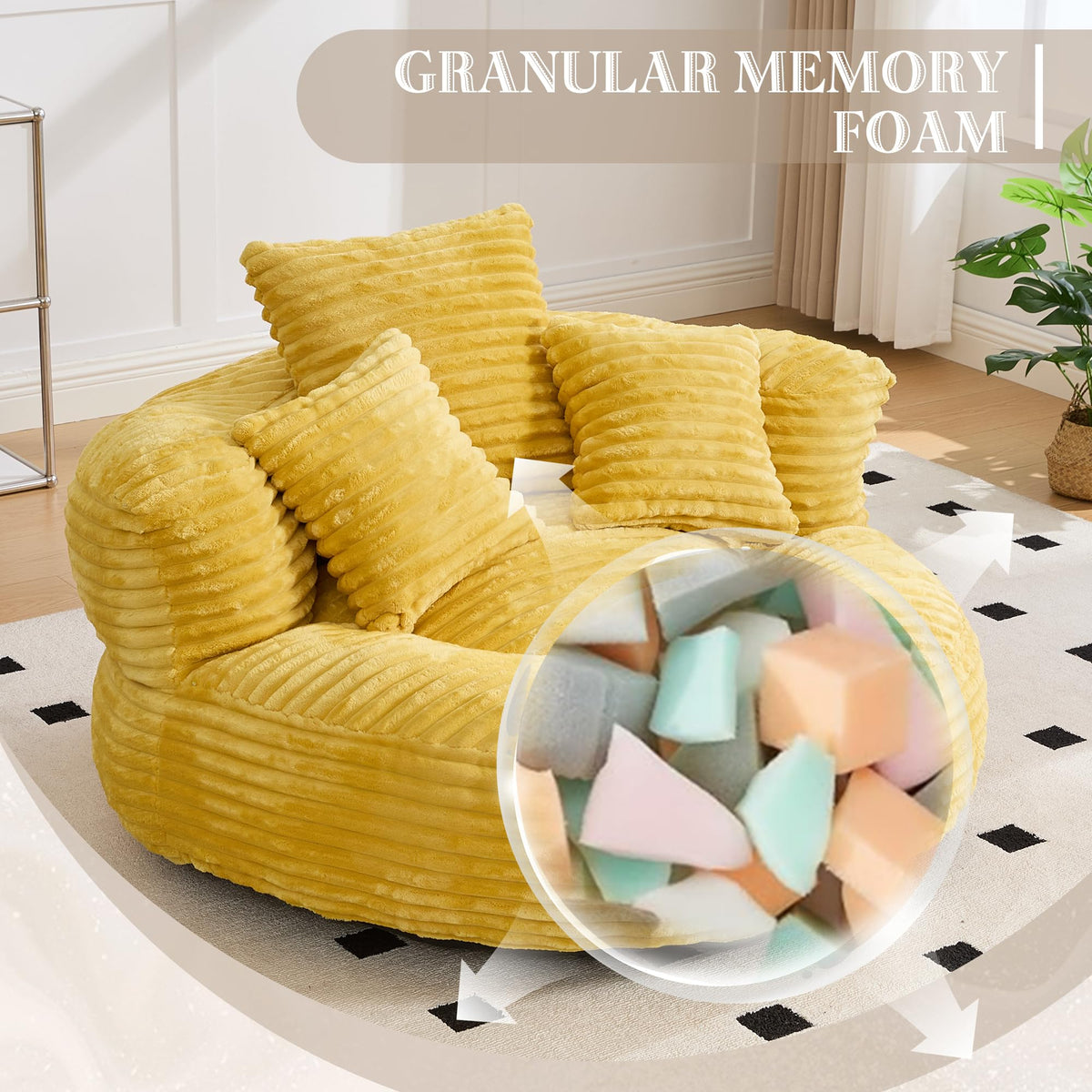 43" Mustard Yellow Corduroy Beanbag Sofa with Memory Foam L3531