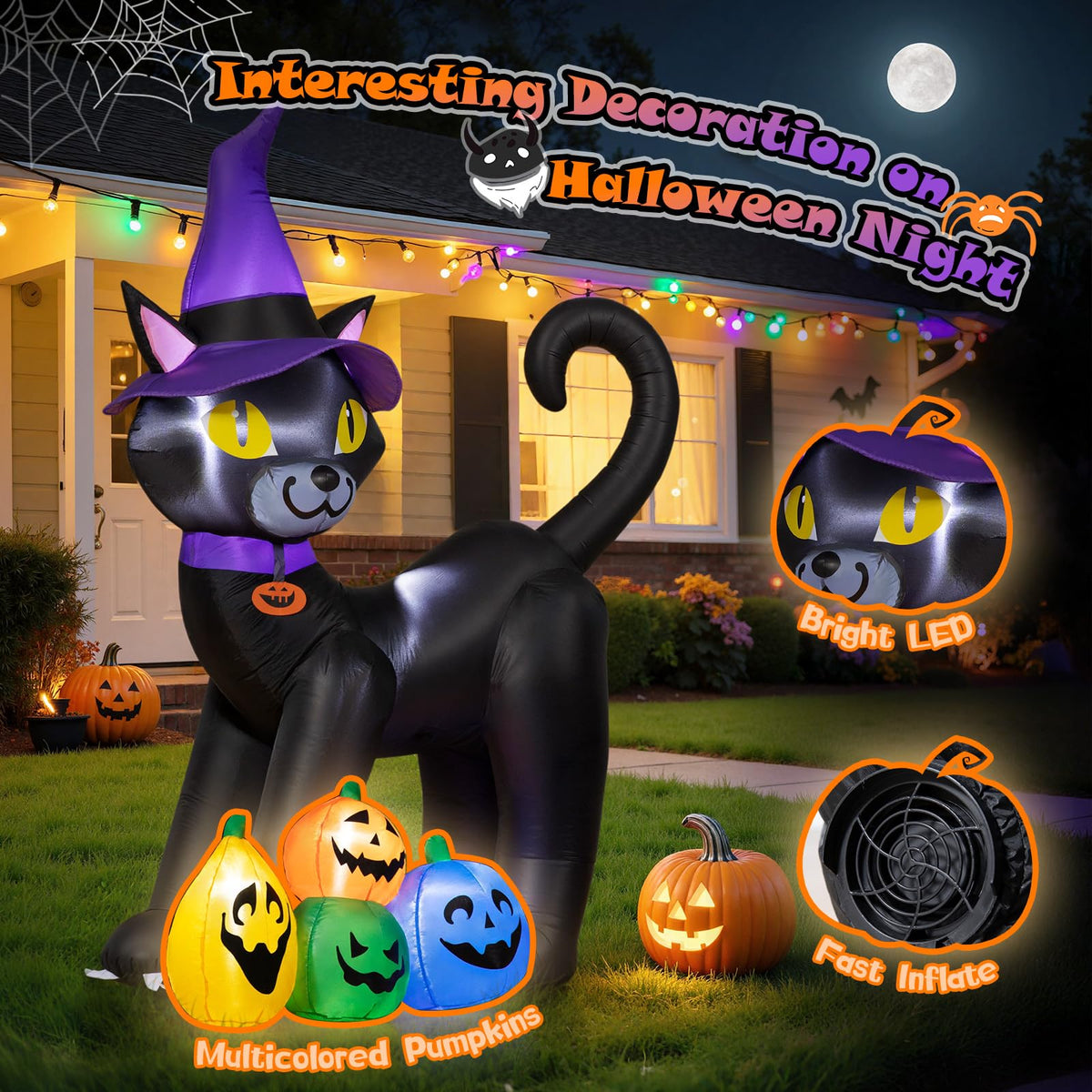 6FT Inflatable Black Cat with Witch Hat and 4 Pumpkins W3297
