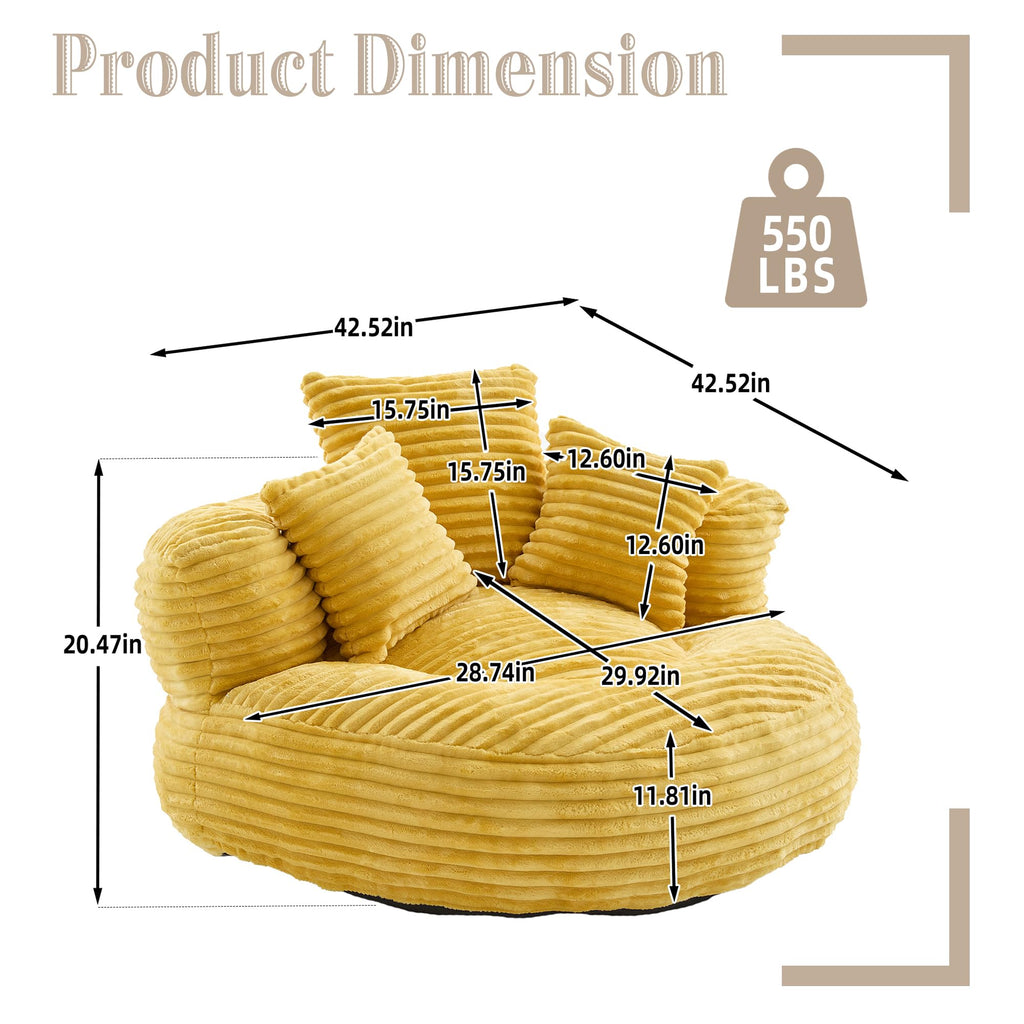 43" Mustard Yellow Corduroy Beanbag Sofa with Memory Foam L3531