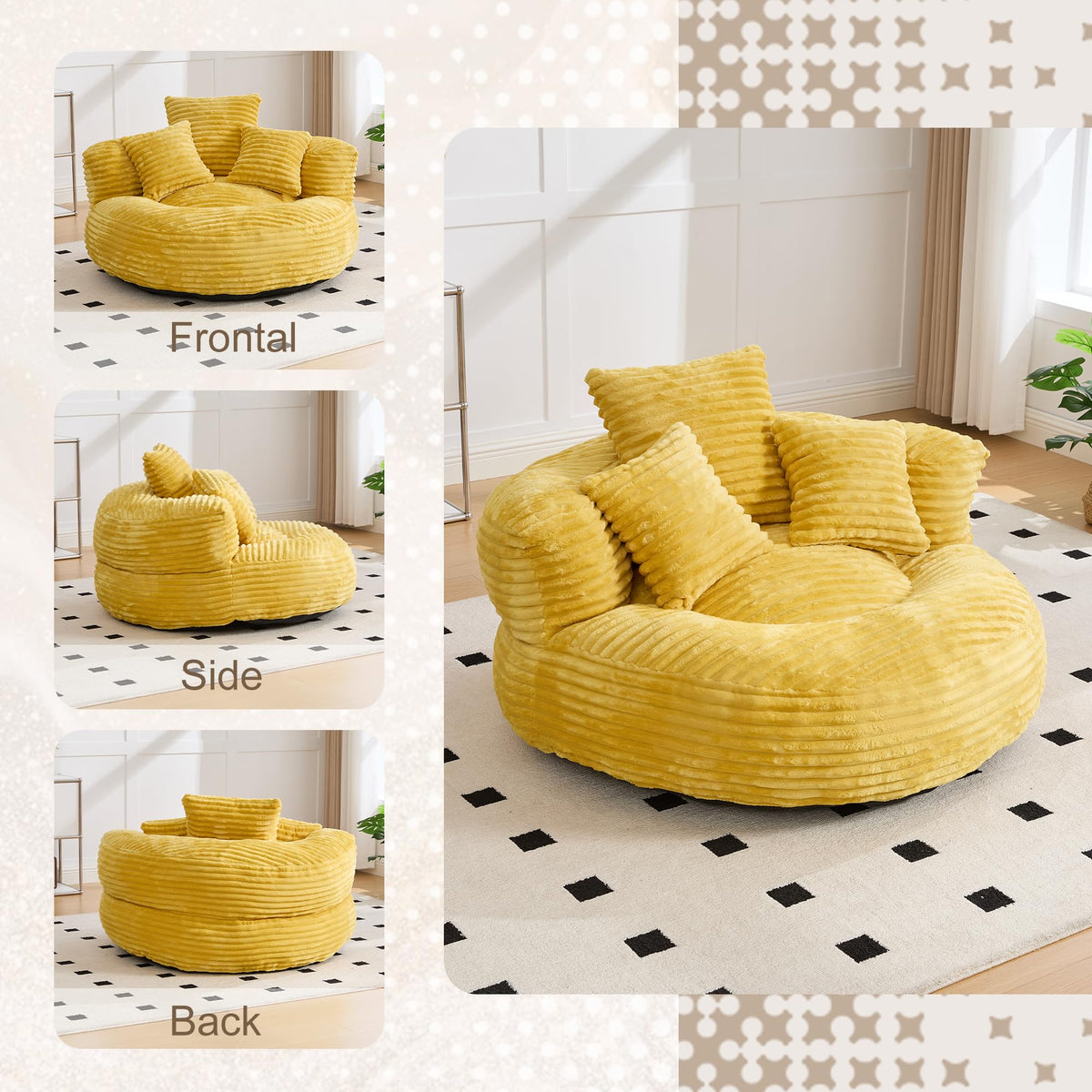 43" Mustard Yellow Corduroy Beanbag Sofa with Memory Foam L3531