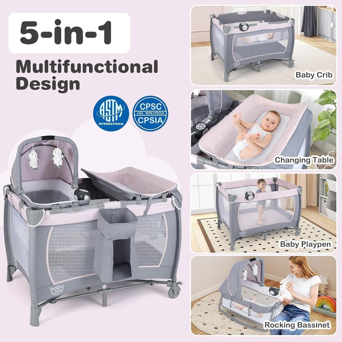 5 in 1 Pack and Play with Bassinet and Diaper Changing Table P109