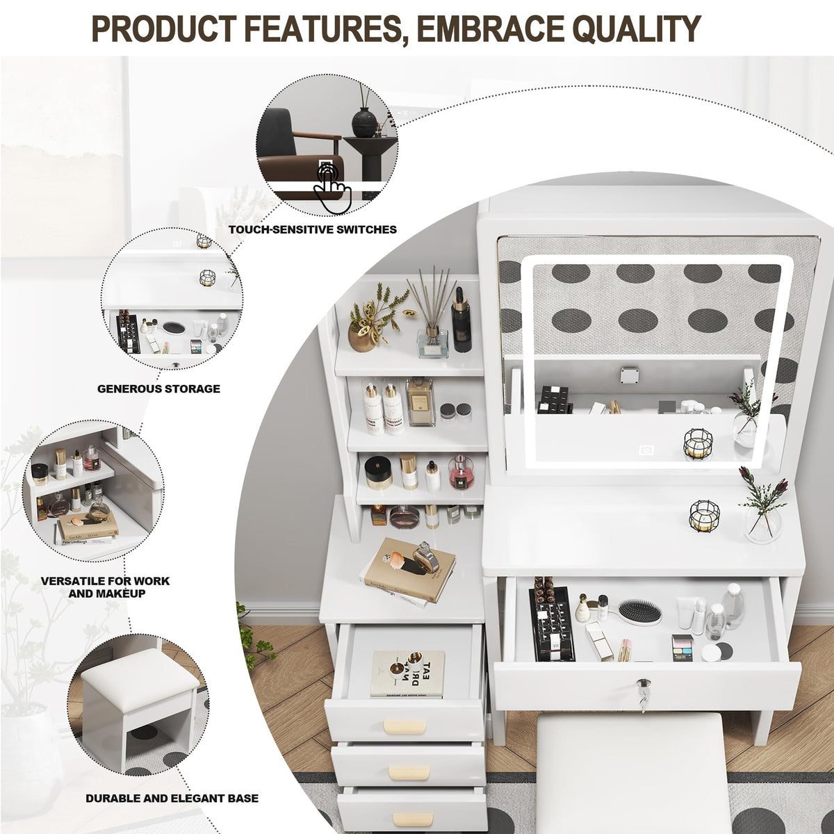 White 4 Drawer Vanity Desk Set with Mirror Q4932