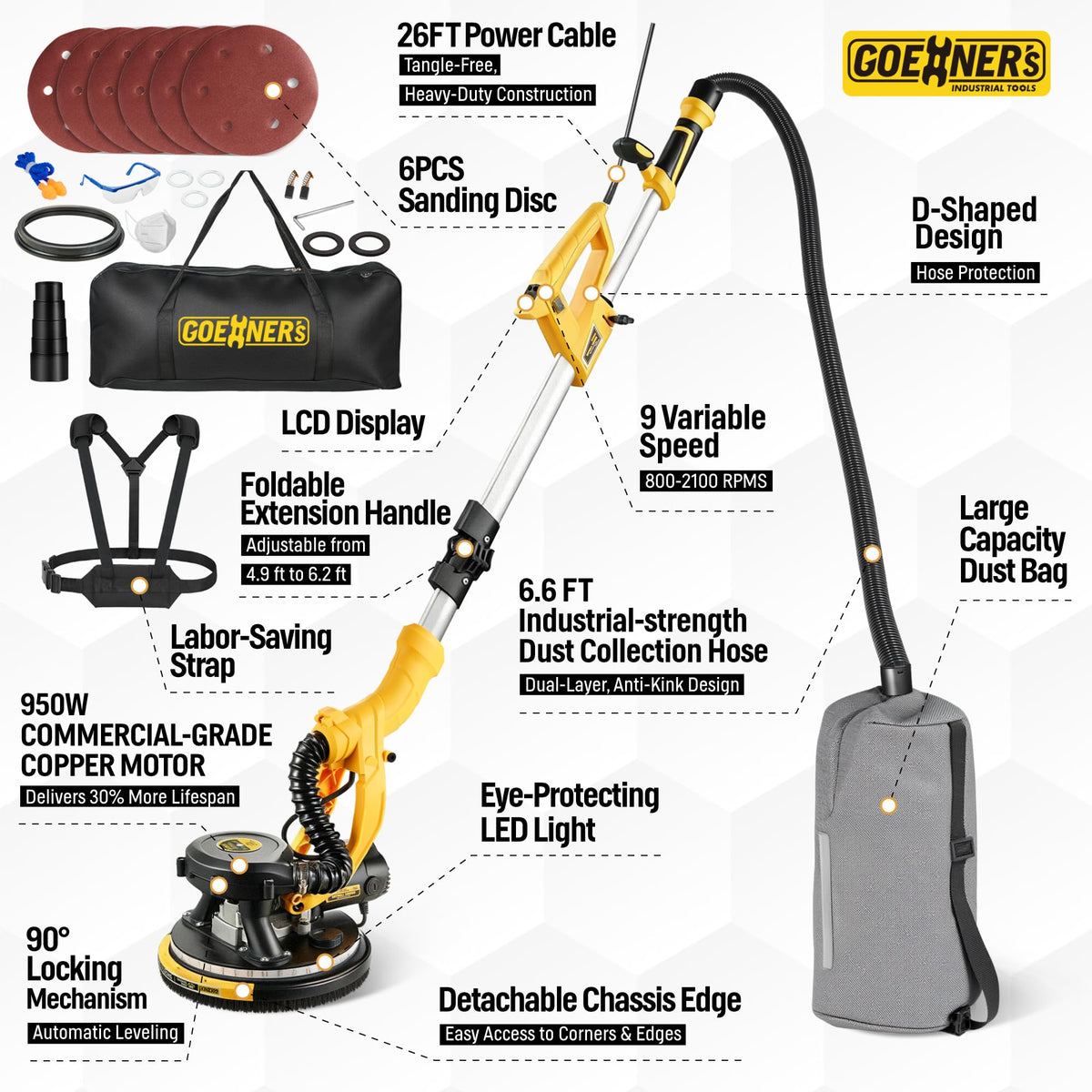950W Electric Drywall Sander with Vacuum Dust Collector T722