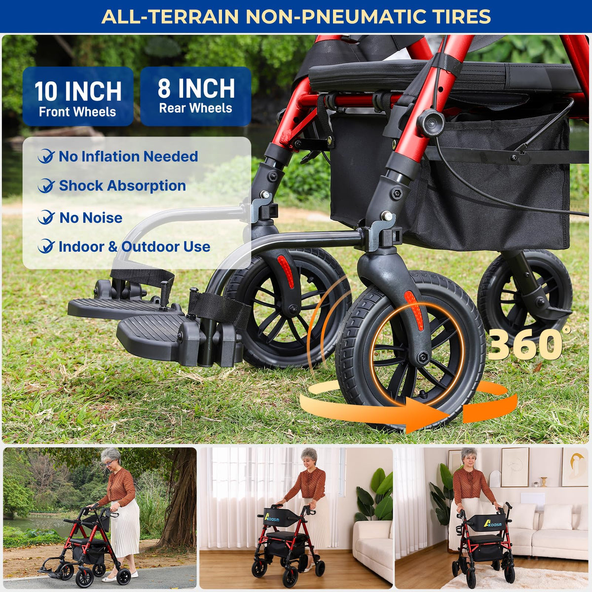 Foldable Rollator Walker with Seat, 2 in 1 Wheelchair Combo, Red T4694