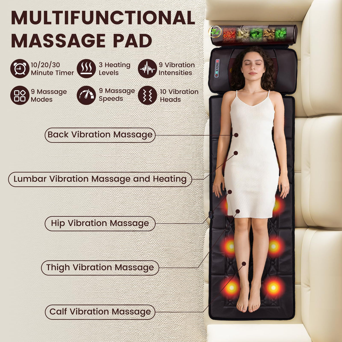 Full Body Massage Mat with 10 Vibration Heads, 9 Speeds & 3 Heat Levels U239