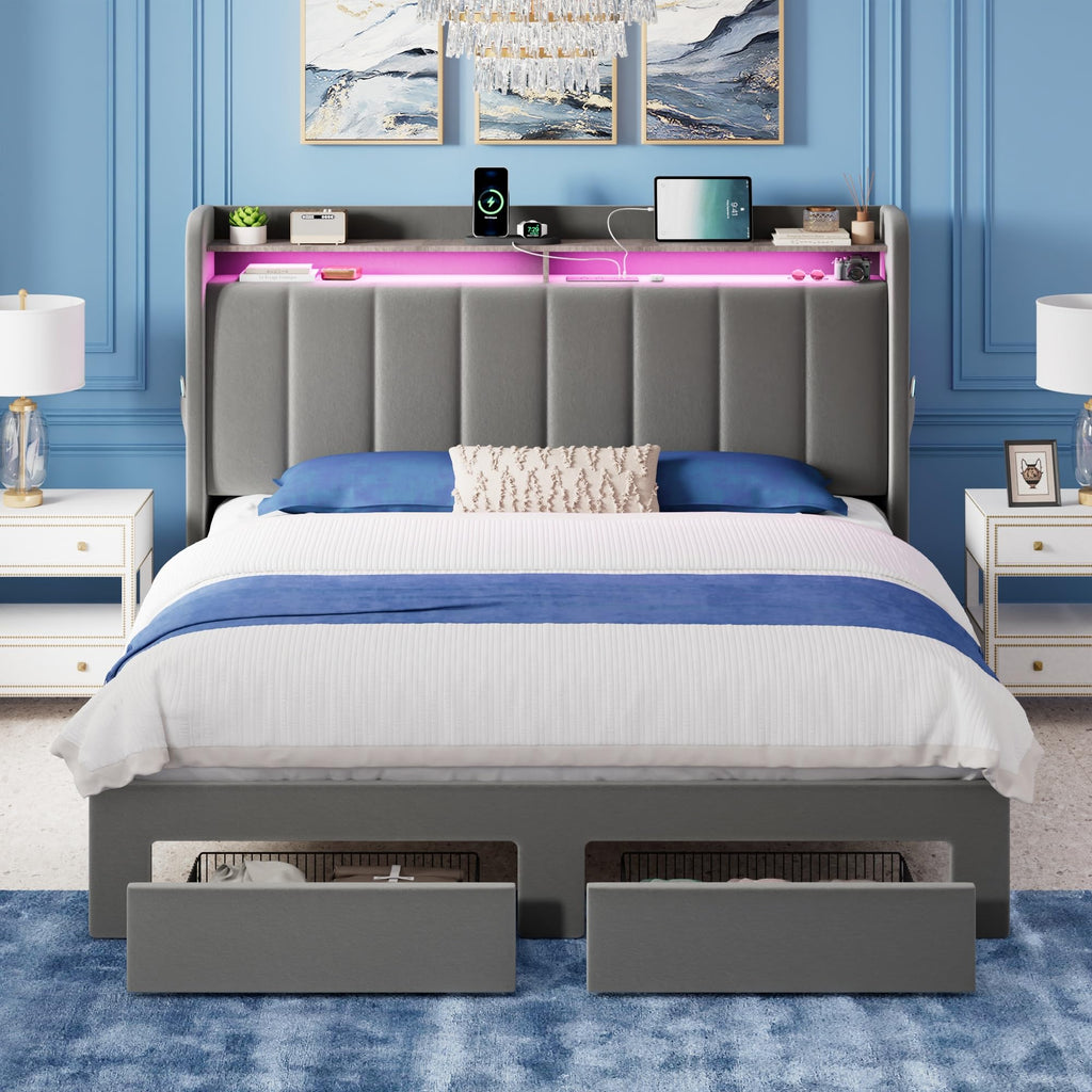 Full Size Bed Frame with Storage Headboard and Drawers I2400