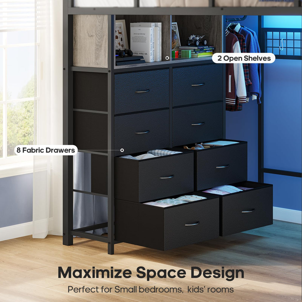 Full Size Loft Bed with Desk and 8 Storage Drawers Grey Z887639