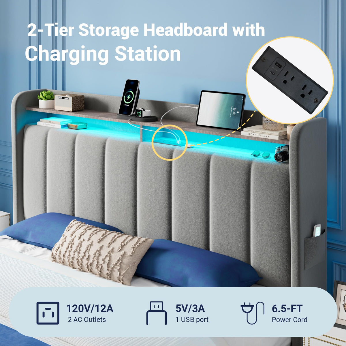 Full Size Bed Frame with Storage Headboard and Drawers I2400